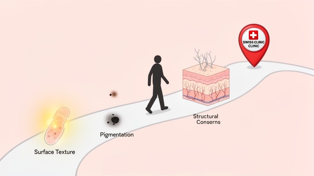 Illustration of a person on a path addressing skin concerns like texture, pigmentation, and structural issues, leading to a clinic.