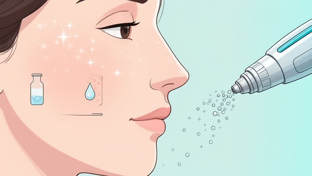 Illustration of a face with glowing skin, receiving a treatment from a device spraying liquid droplets.
