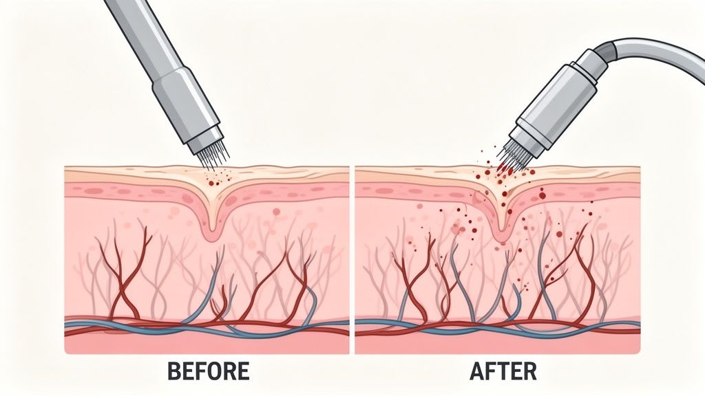 Diagram illustrating a microneedling skin treatment, showing tiny punctures before and after the procedure.