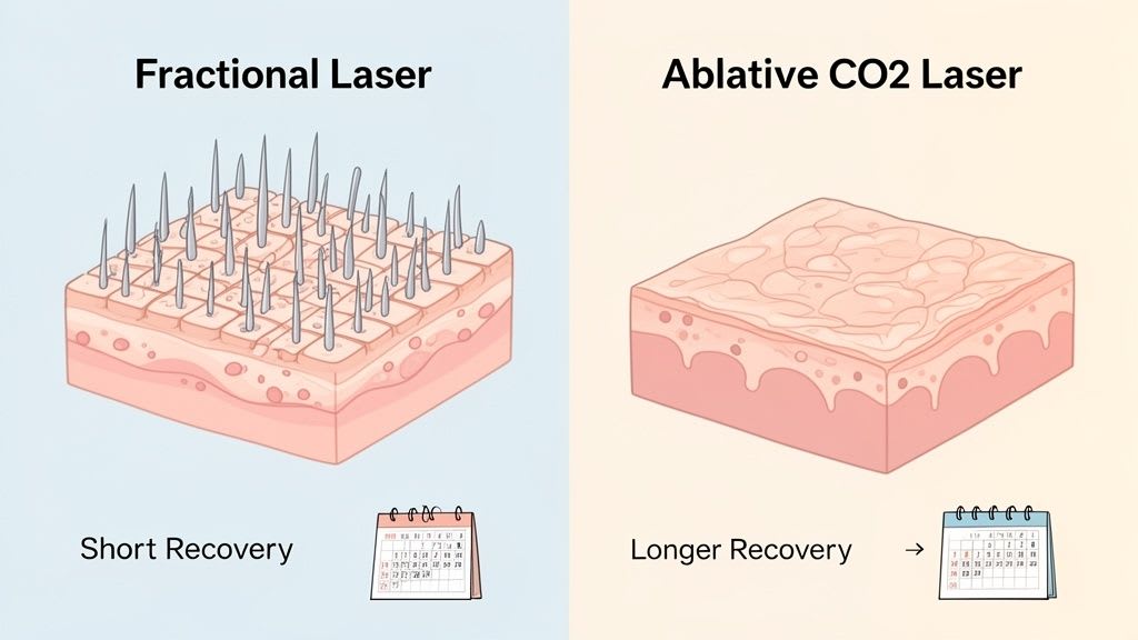 Illustration comparing fractional laser and ablative CO2 laser treatments, showing different skin impacts and recovery times.