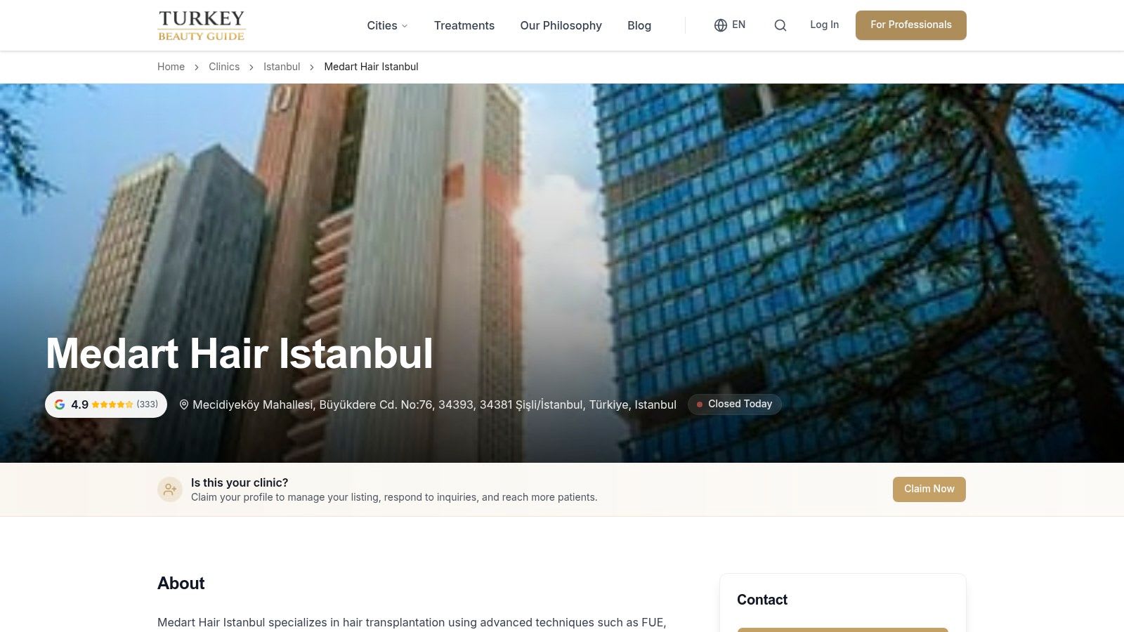 Medart Hair Istanbul clinic page on TurkeyBeautyGuide