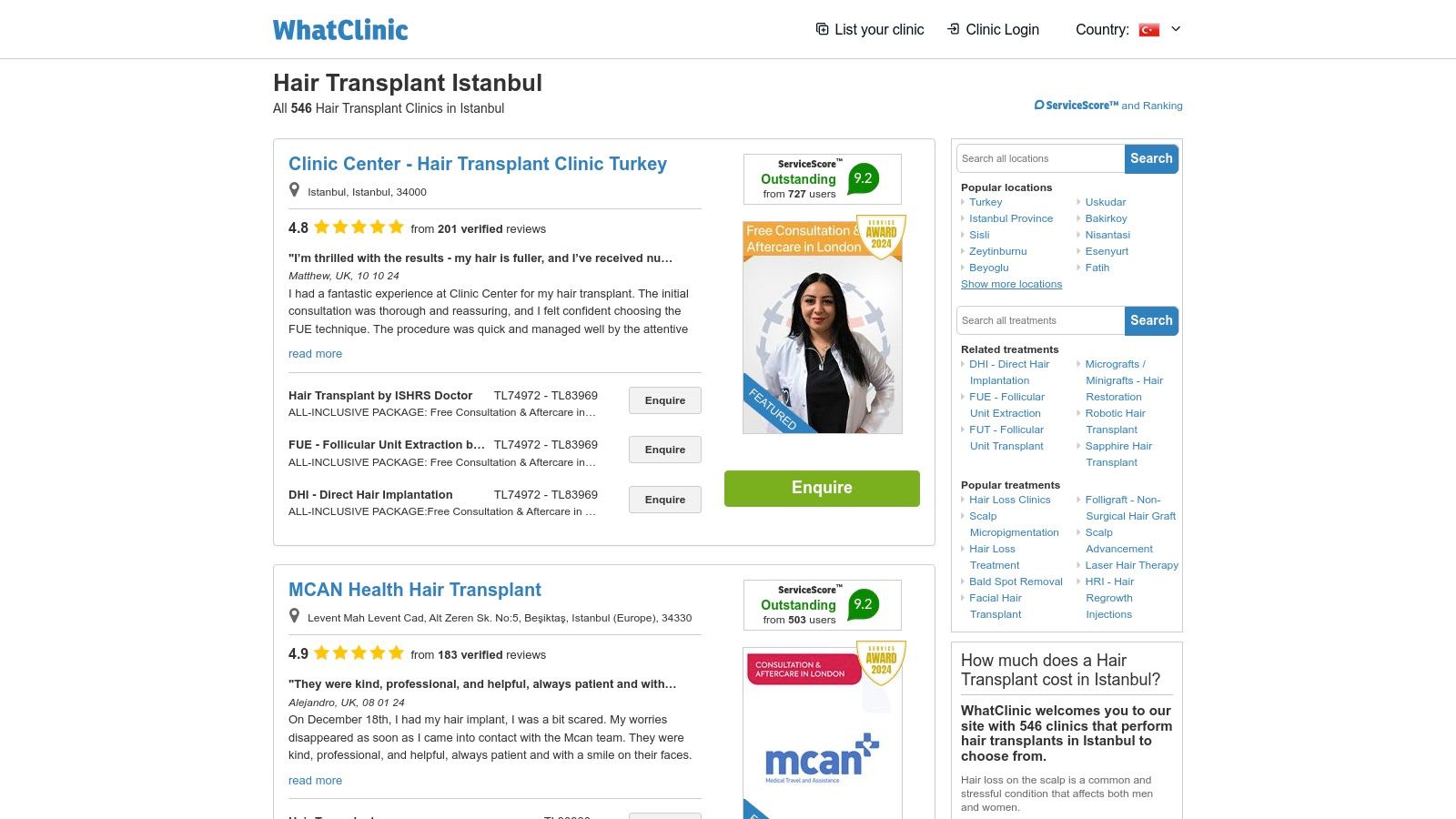 WhatClinic's interface showing listings for hair transplant clinics in Istanbul