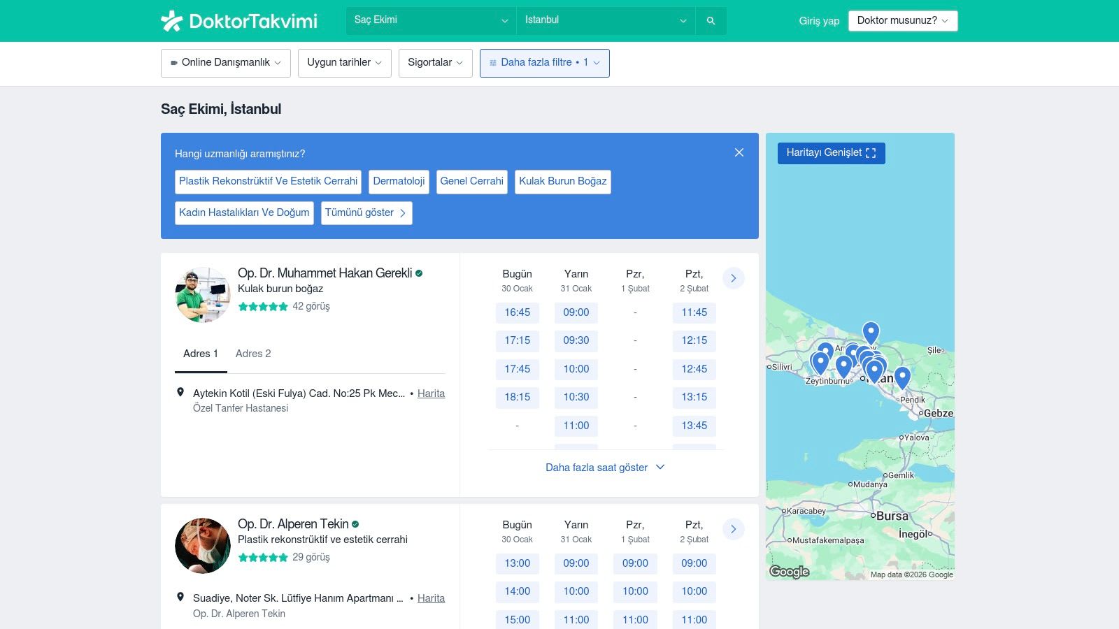 DoktorTakvimi's interface showing listings for hair transplant specialists in Istanbul