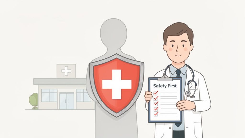 Ein Cartoon-Arzt hält eine "Sicherheit zuerst"-Checkliste, während ein Patient durch ein Schild und ein Krankenhaus geschützt ist.
