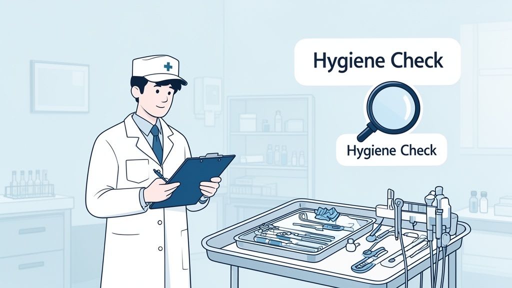Ein medizinischer Fachmann führt eine Hygieneprüfung durch und untersucht sterile Instrumente mit einem Klemmbrett.