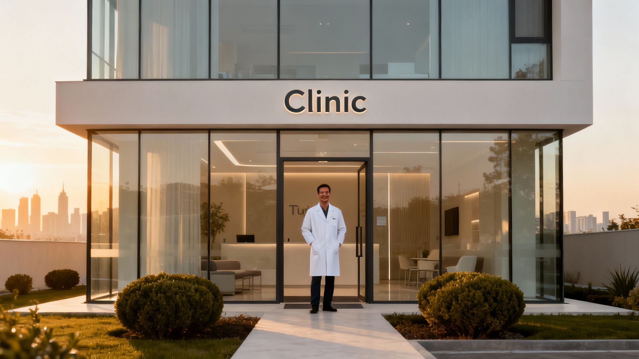 Smiling doctor in a white lab coat stands in front of a modern clinic building at sunset.