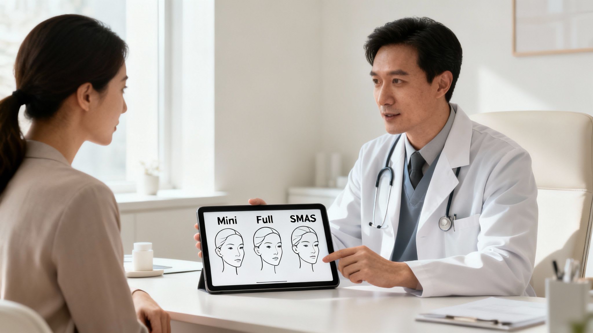 Asian doctor explains different facelift options (Mini, Full, SMAS) to a female patient on a tablet.