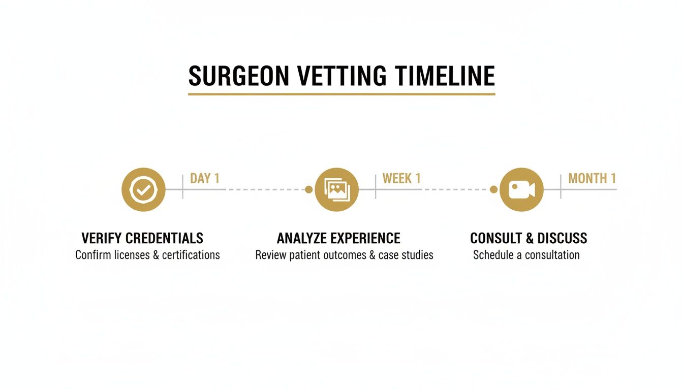 A surgeon vetting timeline showing three phases: Day 1 for verifying credentials, Week 1 for analyzing experience, and Month 1 for consultation.