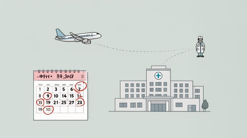 Un calendario con date cerchiate, un aereo, un ospedale e un medico che rappresentano il viaggio medico.