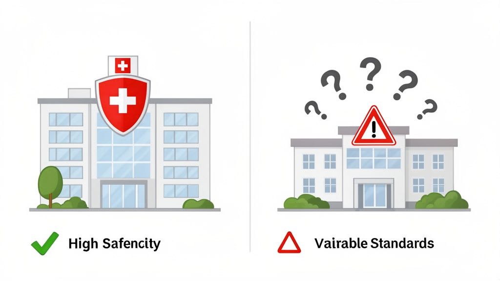 Confronto tra un ospedale con elevati standard di sicurezza e uno con standard variabili e incerti.