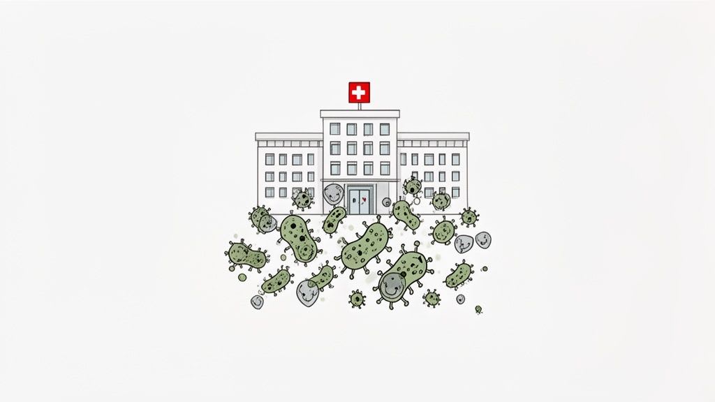 Un'illustrazione a cartone animato di un edificio ospedaliero circondato da numerosi batteri e virus verdi sorridenti.