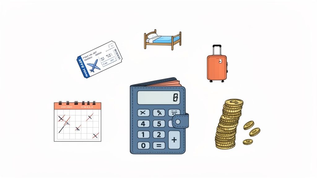 Illustrazione di elementi di pianificazione del viaggio: biglietto aereo, letto, valigia, calendario, calcolatrice e monete.