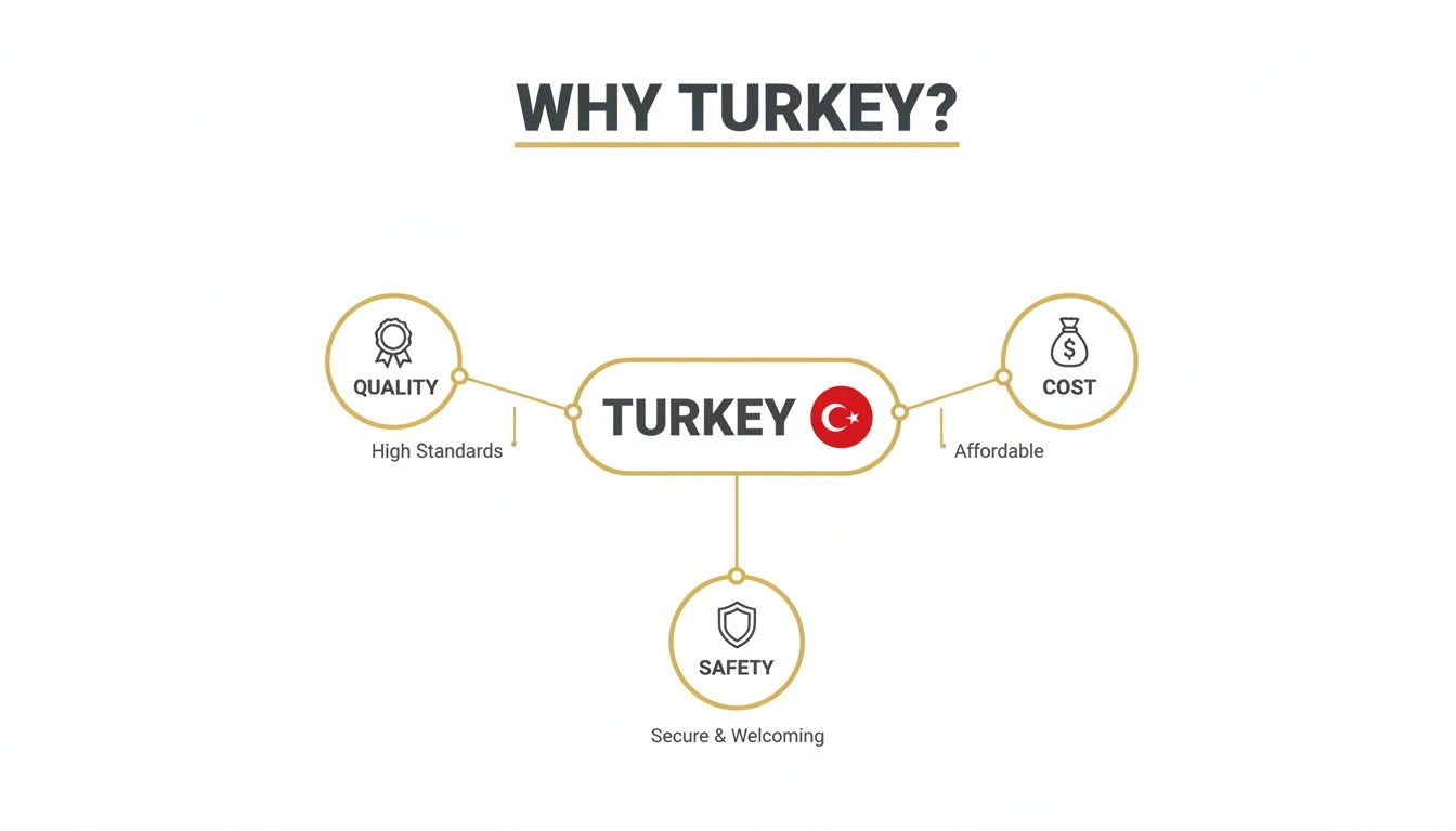 A diagram outlining reasons to choose Turkey, highlighting high quality, affordable costs, and secure welcoming environment.