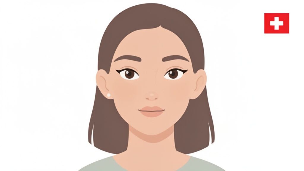 An illustration of a woman with 'fox eyes' makeup and a pearl earring, set against a Swiss flag.