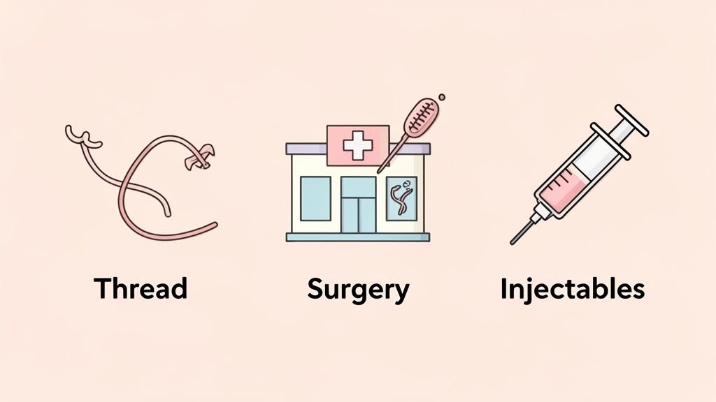 Three illustrations showing cosmetic procedures: thread lifts, surgery, and injectables.