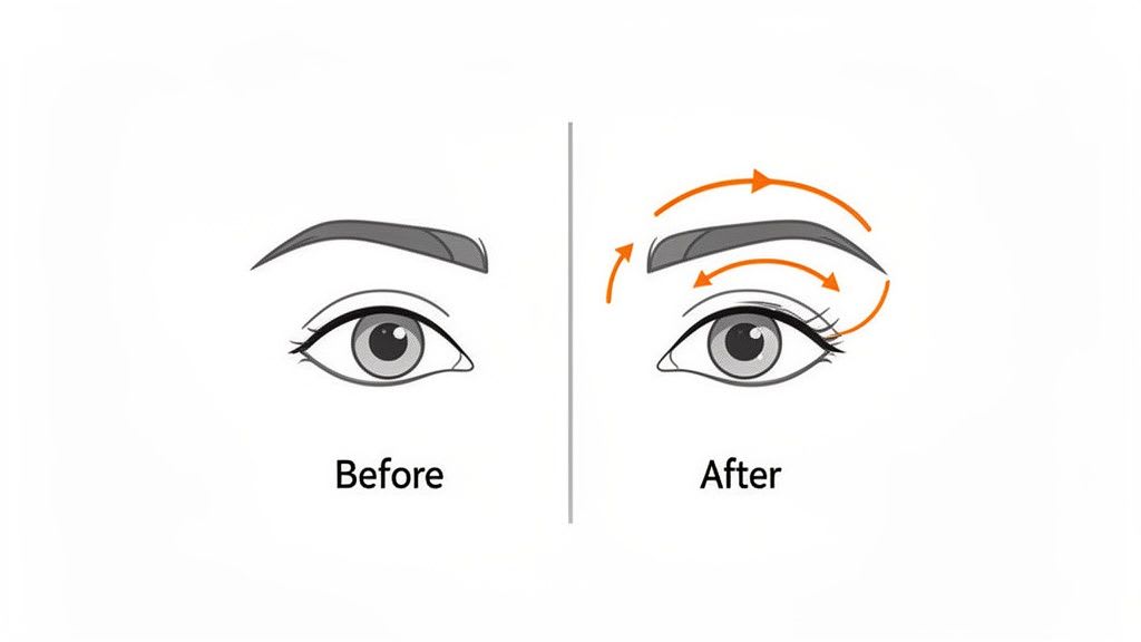 Illustration showing before and after an eye and eyebrow lifting massage with directional arrows.