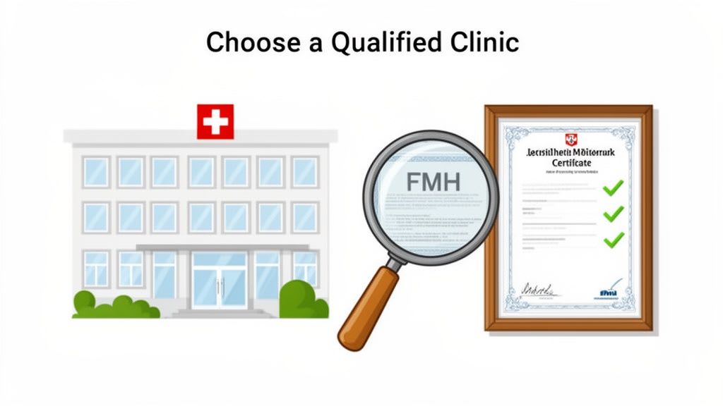 Illustration of choosing a qualified clinic, showing a hospital, magnifying glass with FMH, and a certificate.