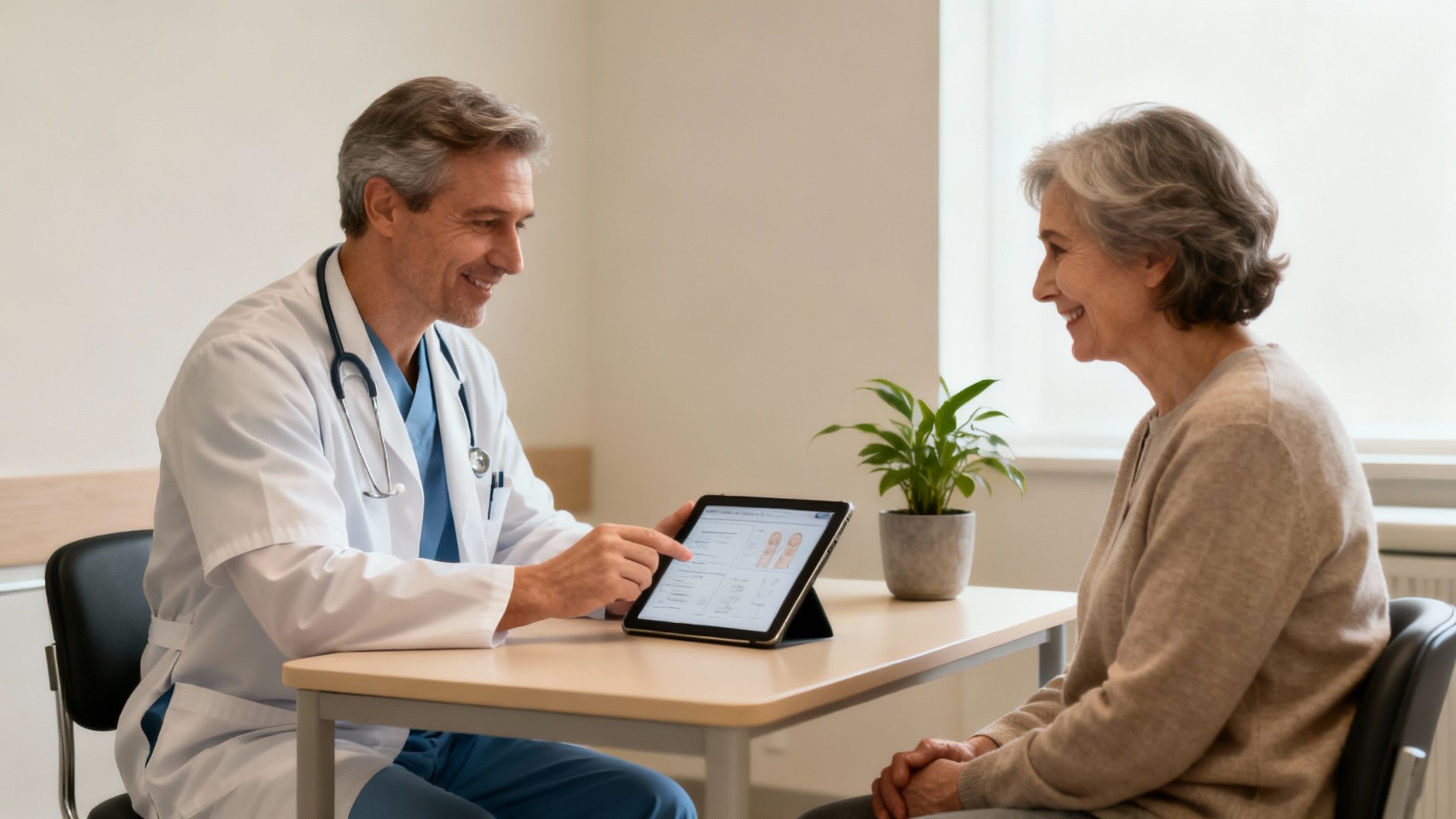 Smiling doctor in white coat explains medical information on a tablet to an elderly patient.
