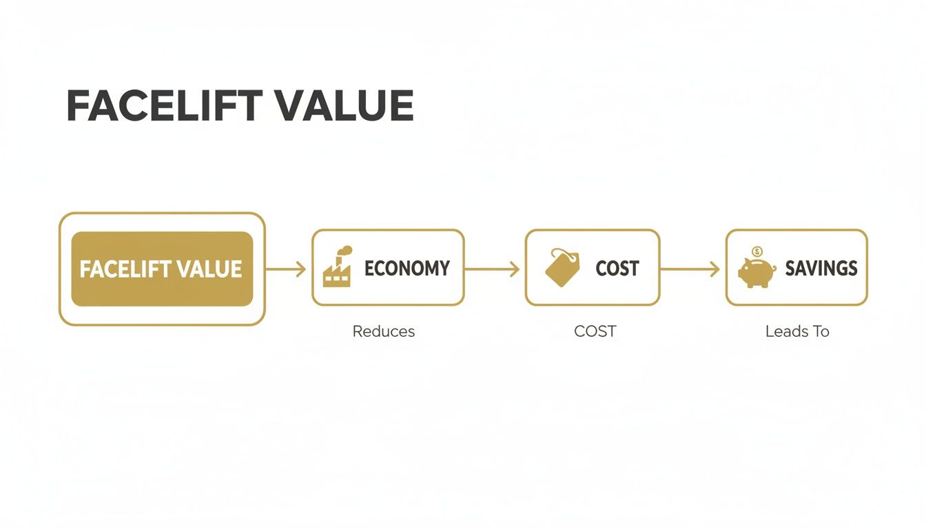 A flow chart illustrating how facelift value leads to economy, reduced costs, and savings.