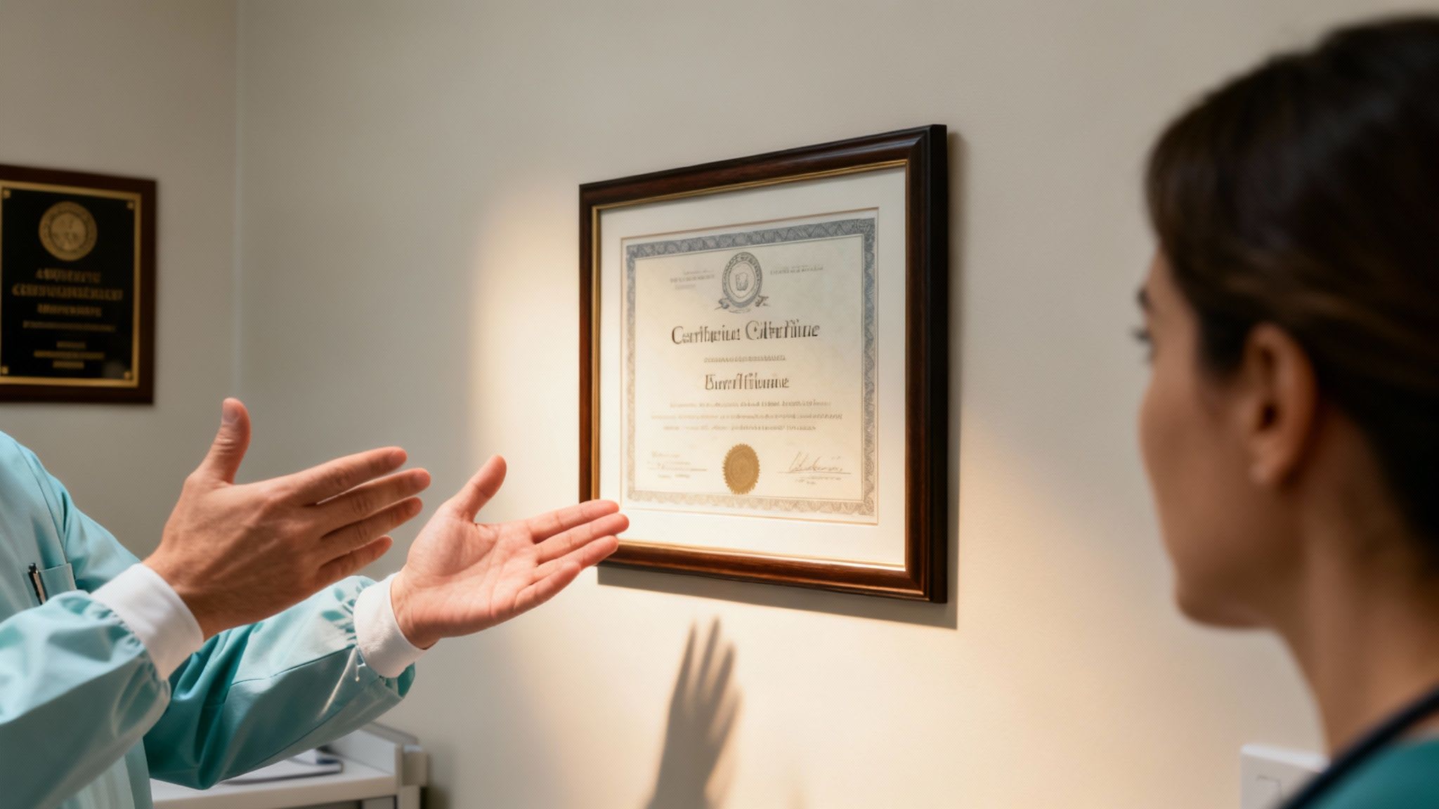Medical professional in scrubs explains a framed certificate on the wall to a colleague.