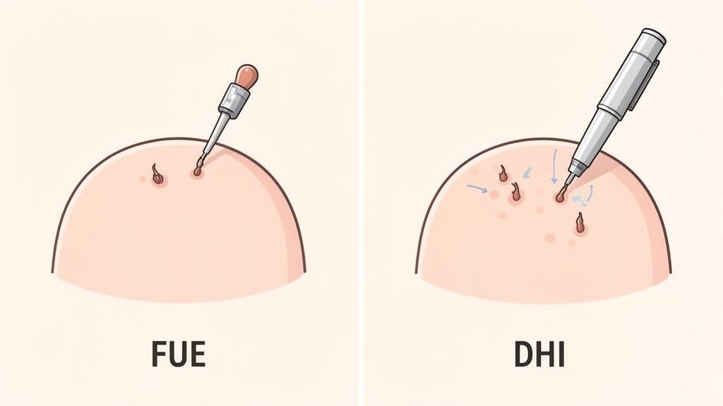 Confronto dei metodi di trapianto di capelli FUE e DHI, mostrando diversi strumenti e processi di impianto.