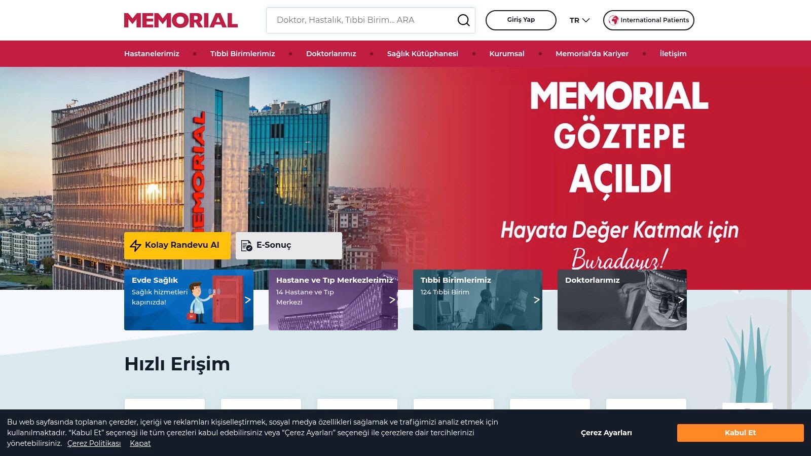The homepage of Memorial Health Group's website, showing a modern hospital facility.