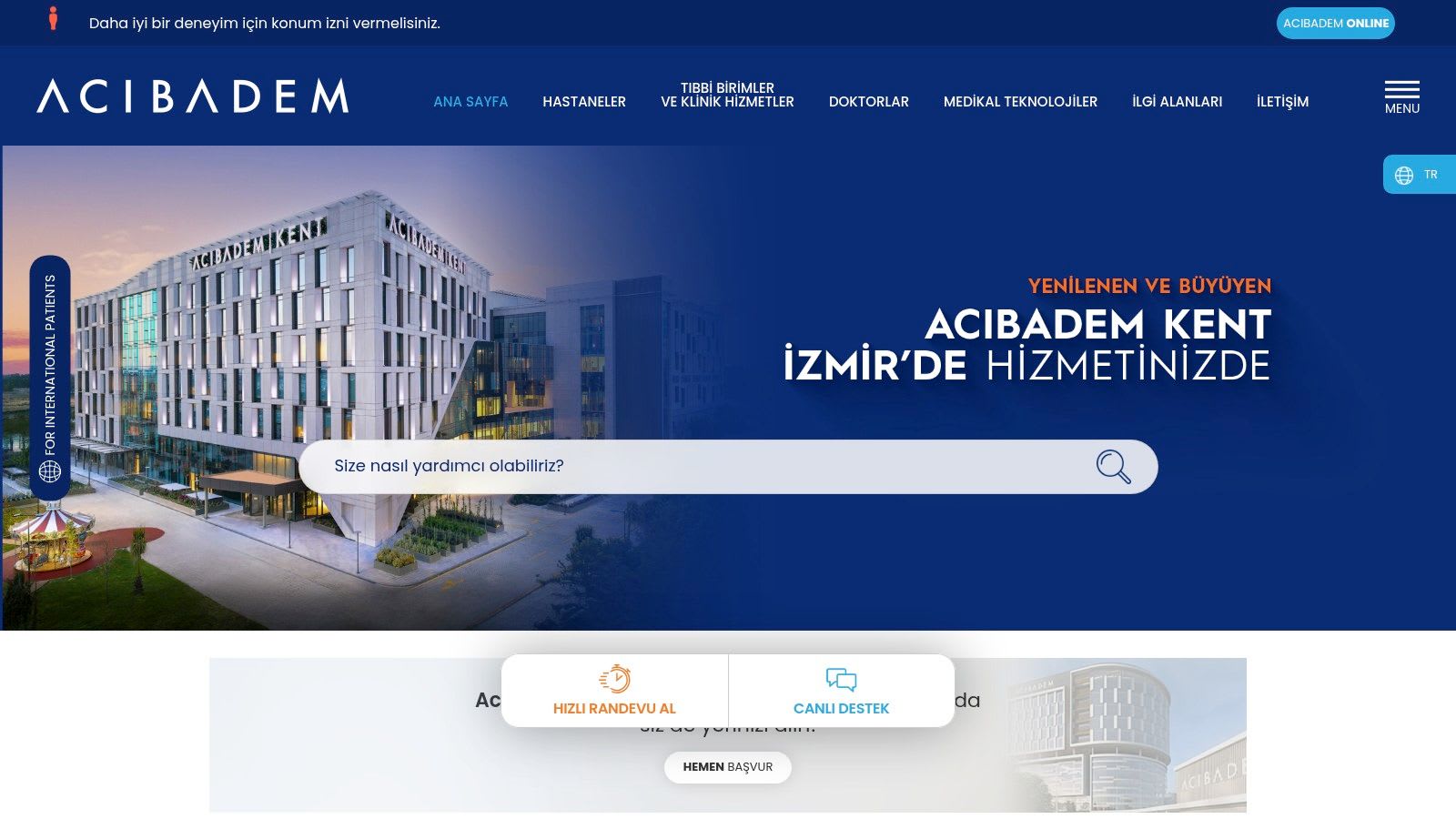 Acıbadem Health Group website homepage showing hospital facilities.