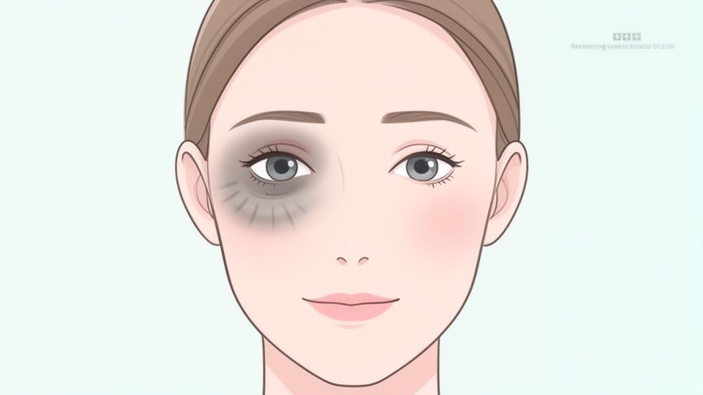 Une illustration du visage d'une femme avec un cercle sombre prononcé et un gonflement sous son œil gauche, contrastant avec son œil droit normal.