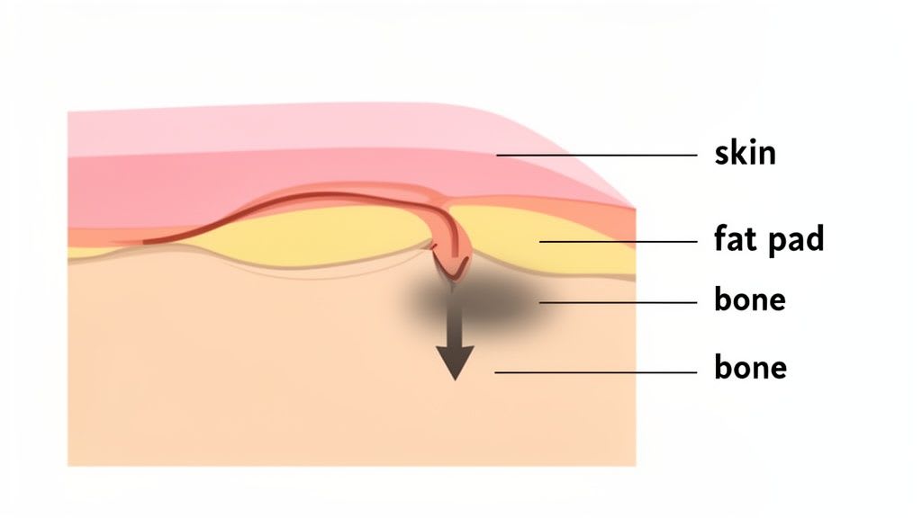 Un diagramme détaillé illustrant une coupe transversale de la peau, des coussins graisseux et des couches osseuses avec une indentation et une flèche vers le bas.