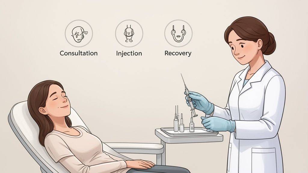 Un médecin préparant une seringue pour un patient sur une chaise, illustrant les étapes de consultation, d'injection et de récupération.