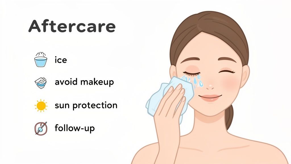 Femme dessinée appliquant de la glace sur son œil, avec des instructions de soins après traitement pour la glace, pas de maquillage, protection solaire et suivi.