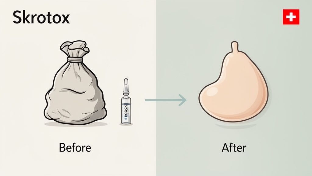 Illustrazione che mostra uno scroto flaccido 'Prima' e uno scroto liscio e teso 'Dopo' un trattamento 'Skrotox'.