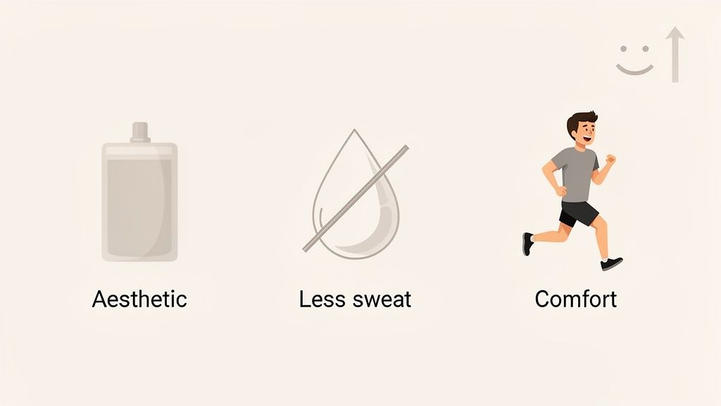Icone illustrative che rappresentano i principali benefici del prodotto: design estetico, riduzione della sudorazione (goccia barrata) e comfort migliorato con un uomo che corre.