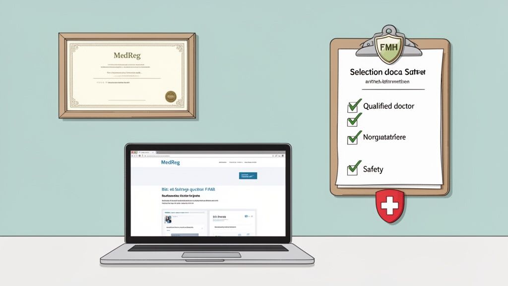 Una scena da scrivania con un certificato MedReg, un laptop che mostra il sito web di MedReg e una lista di controllo medica con articoli di sicurezza.