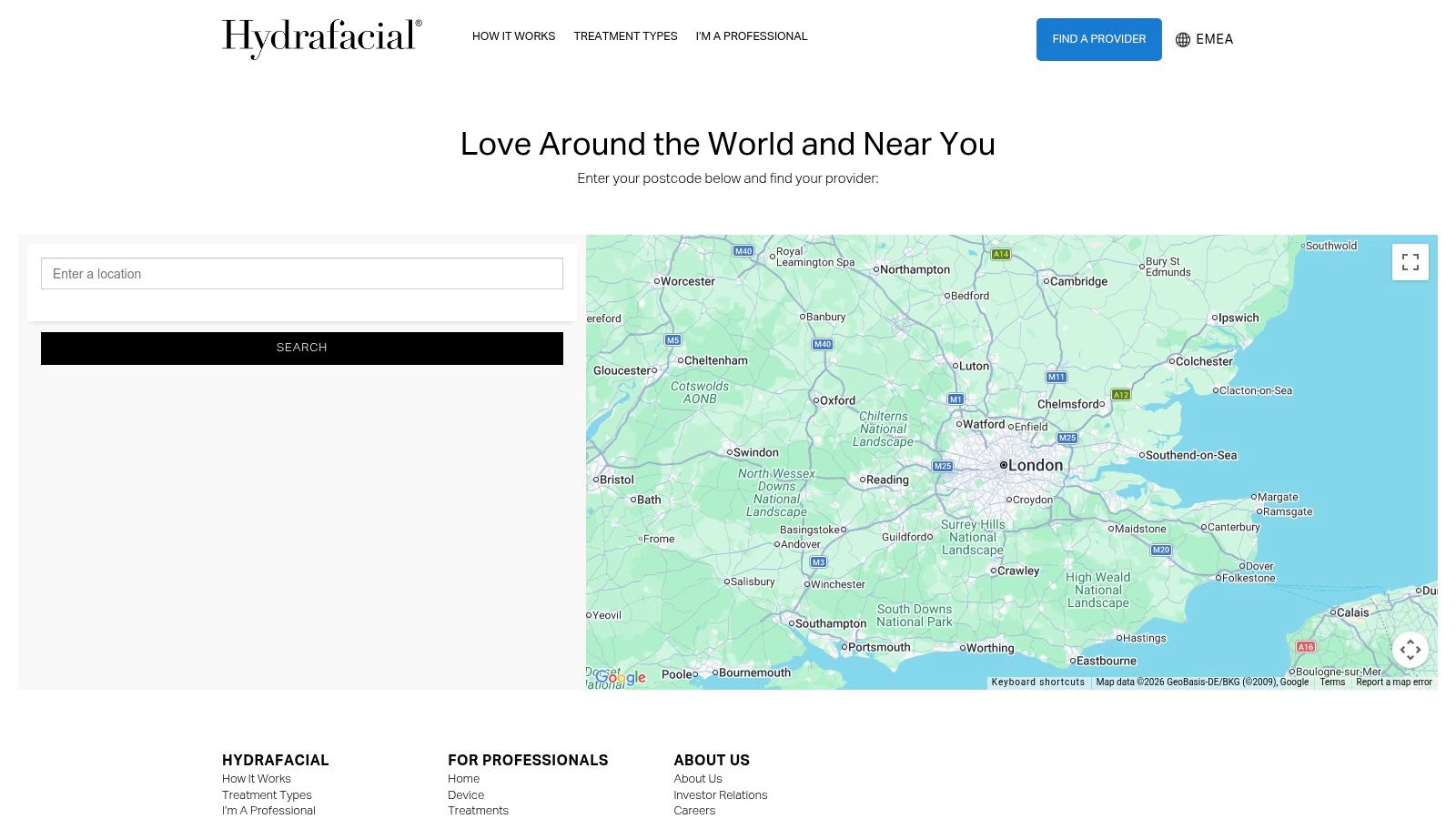 A screenshot of the HydraFacial EMEA provider map, showing clinic locations pinned on a map.