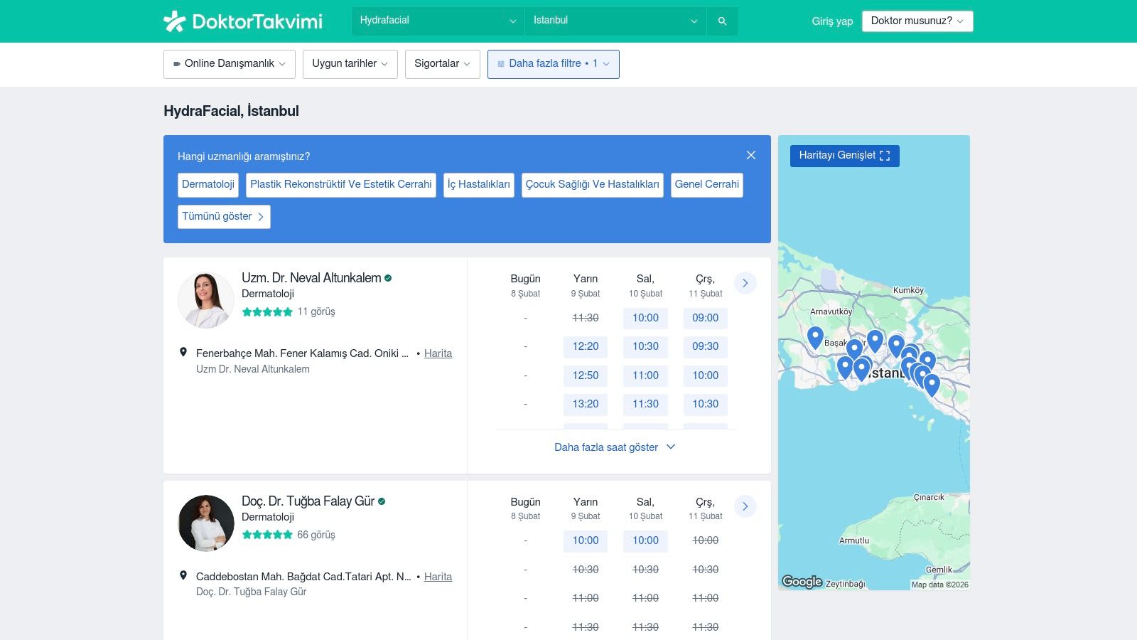 The search interface of DoktorTakvimi, showing a list of doctors and clinics offering HydraFacial in a specific city.