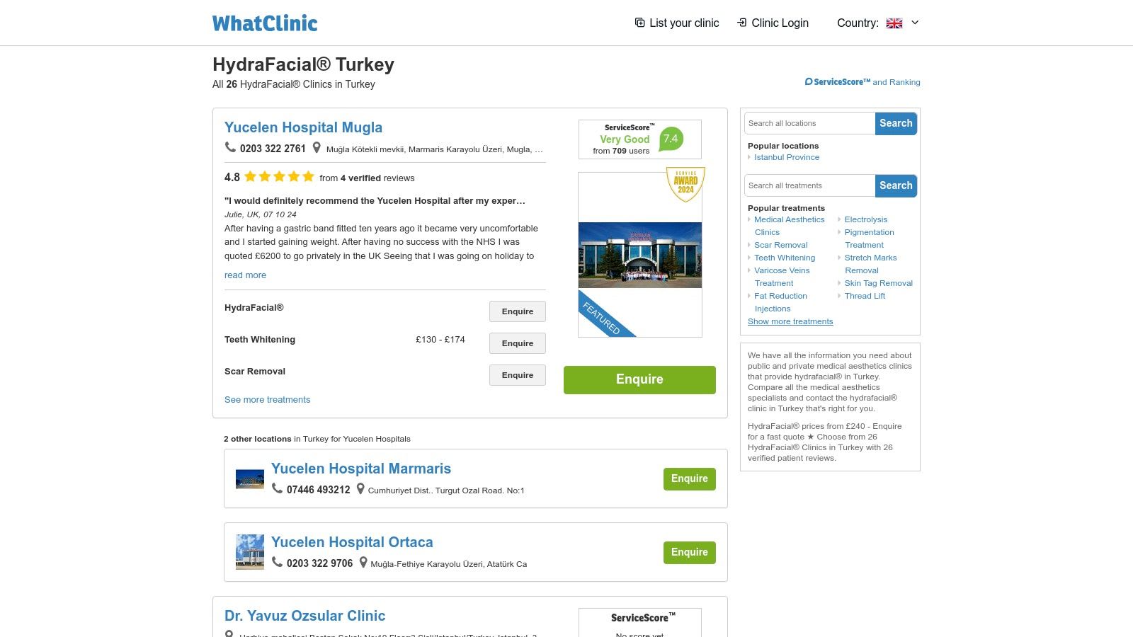 WhatClinic's interface showing a list of clinics offering HydraFacial treatments.