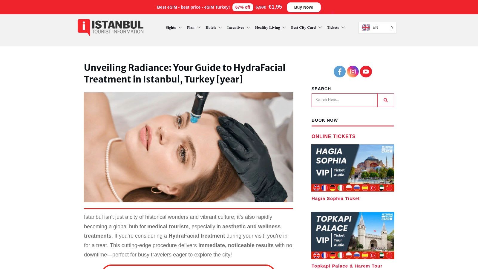 A webpage from the Istanbul Tourist Information website showing their guide to HydraFacial treatments.