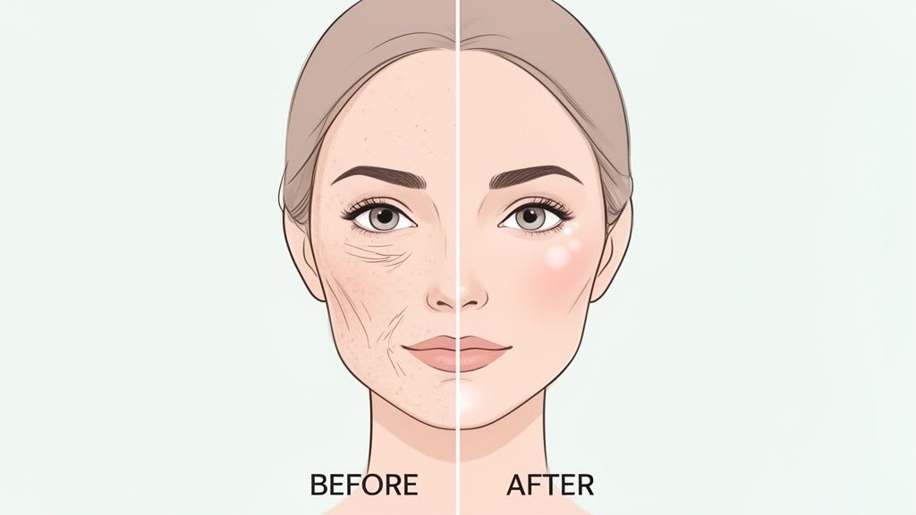 Illustration eines Gesichts einer Frau, vor und nach der Hautbehandlung, mit reduzierten Falten und verbessertem Hautton.