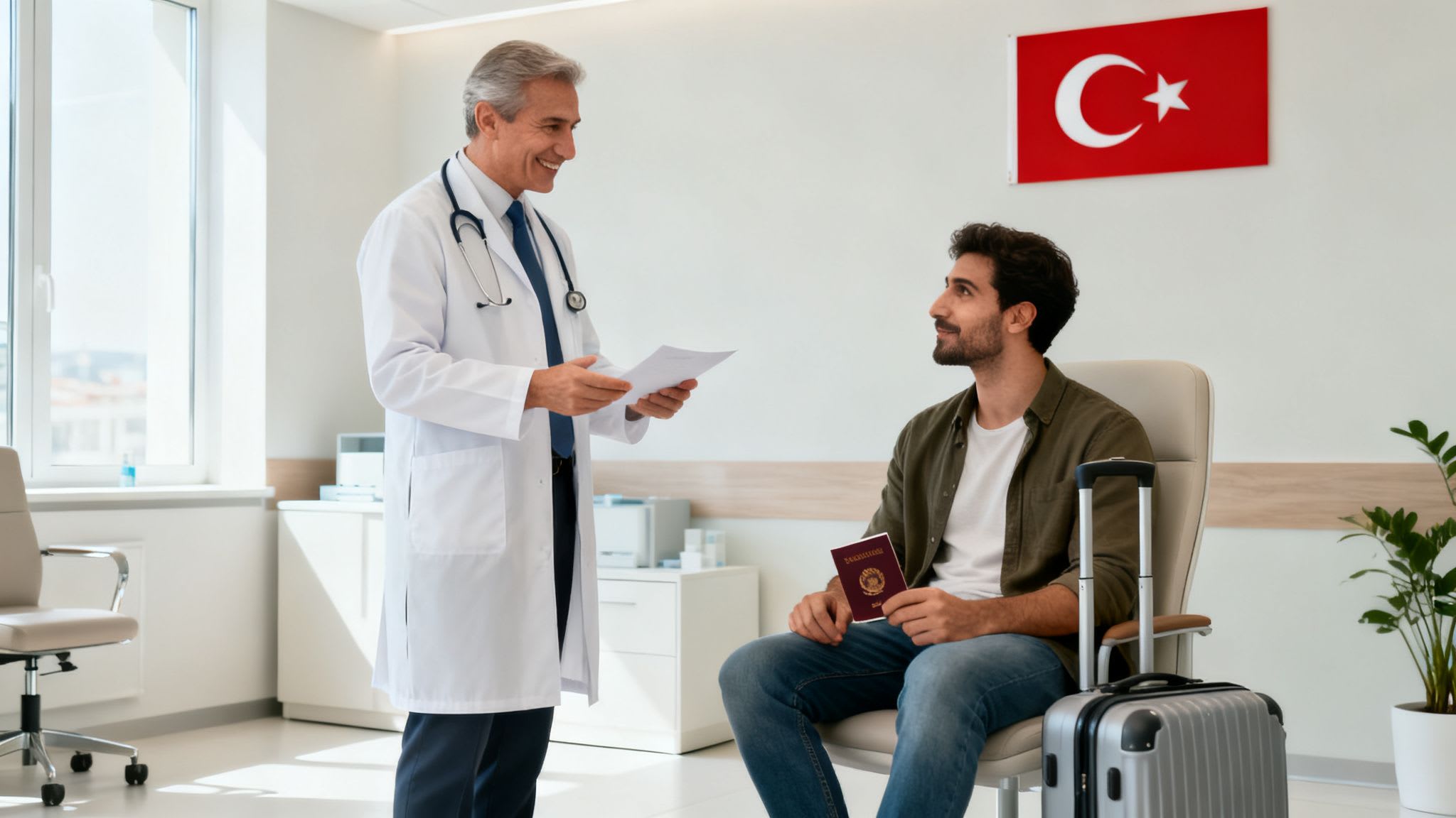 A smiling doctor consults with a male patient holding a passport in a clinic with a Turkish flag.