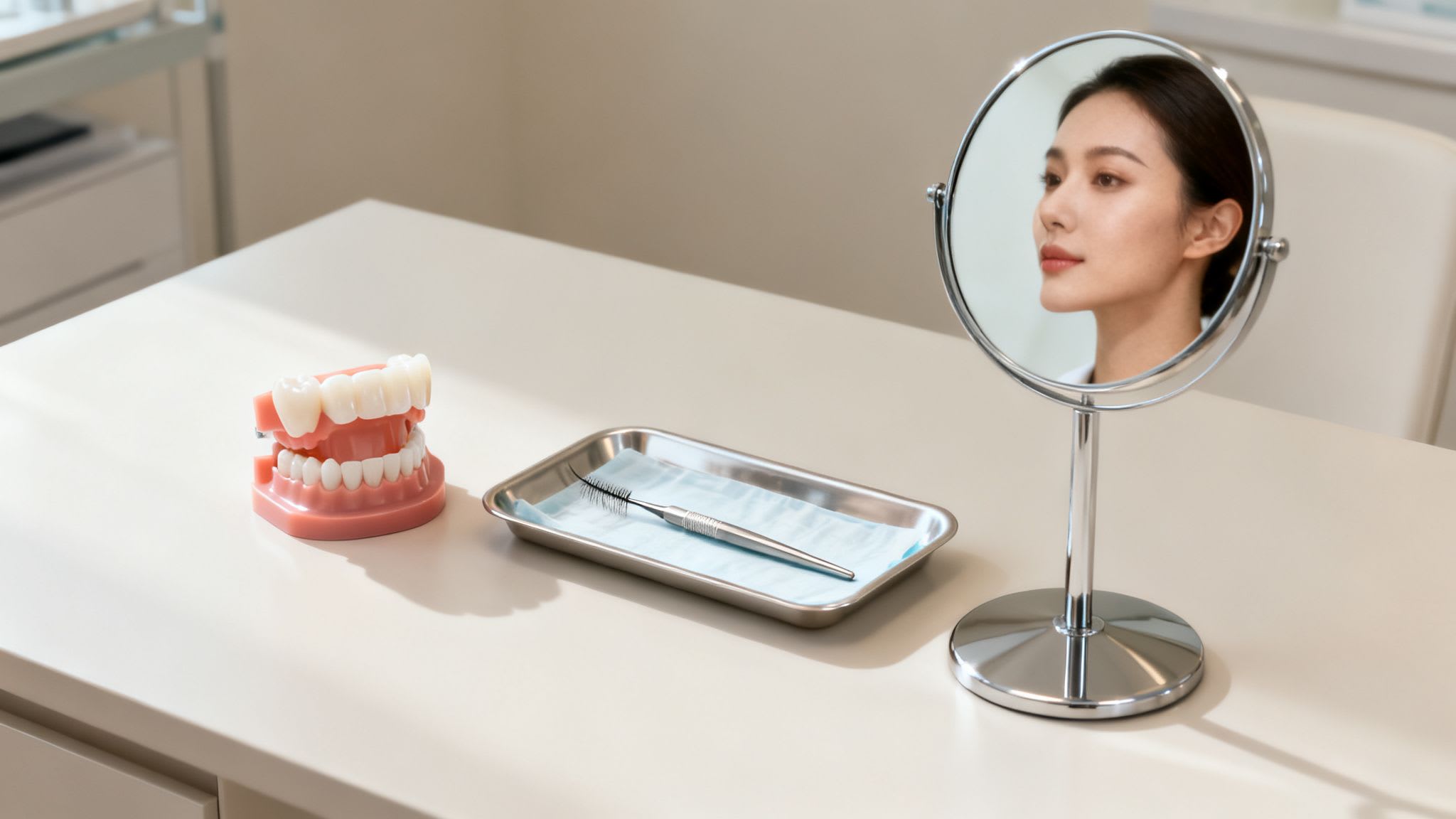 A dental model, specialized tools, and a woman's reflection in a mirror on a clean desk.