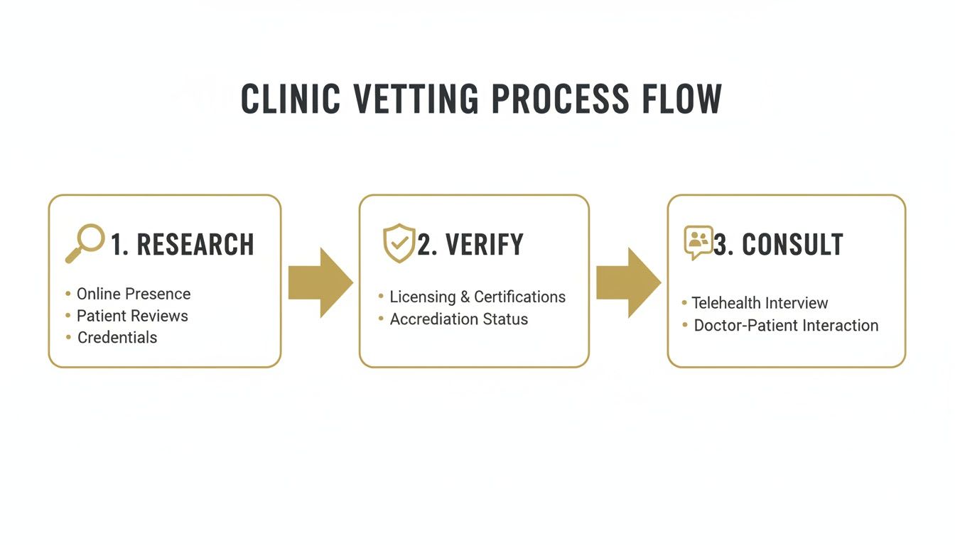 Flowchart illustrating a three-step clinic vetting process: Research, Verify, and Consult, with key sub-points.