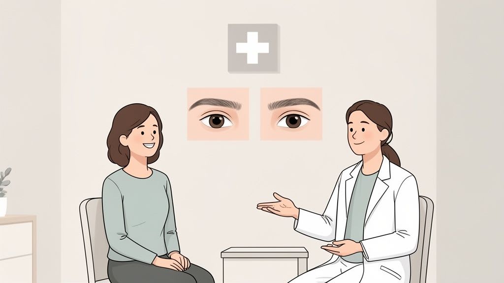 Un medico spiega le procedure di sollevamento delle sopracciglia a un paziente sorridente, con esempi di occhi sulla parete.