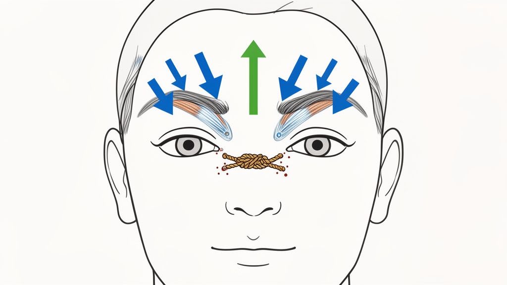 Illustrazione medica che mostra la meccanica del sollevamento delle sopracciglia con frecce, muscoli e un nodo che rappresenta le linee di espressione.