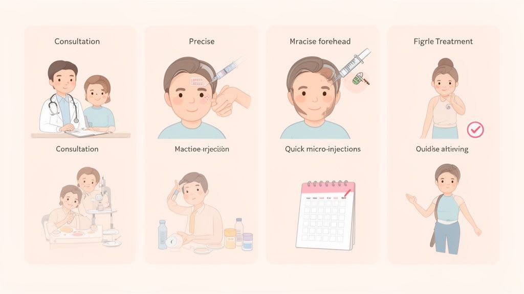 Infografica che illustra un percorso di trattamento per il sollevamento delle sopracciglia e il botox, dalla consultazione iniziale a iniezioni facciali precise e risultati positivi.