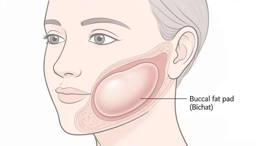 Une illustration anatomique d'un visage humain avec une coupe transversale révélant le tampon graisseux buccal (Bichat) dans la joue.