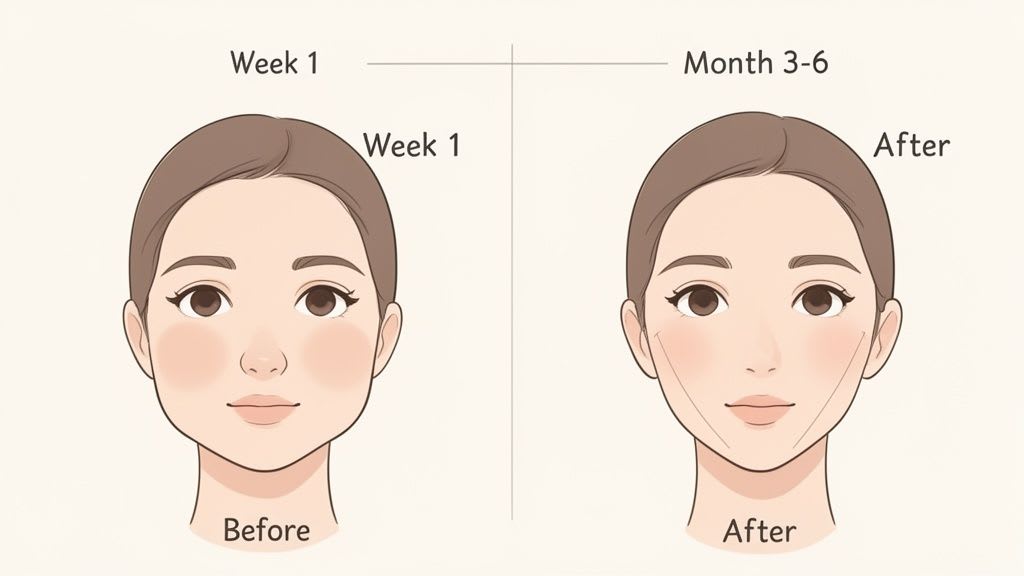 Illustration du visage d'une femme avant et après le contouring, montrant une mâchoire plus mince de la Semaine 1 au Mois 3-6.
