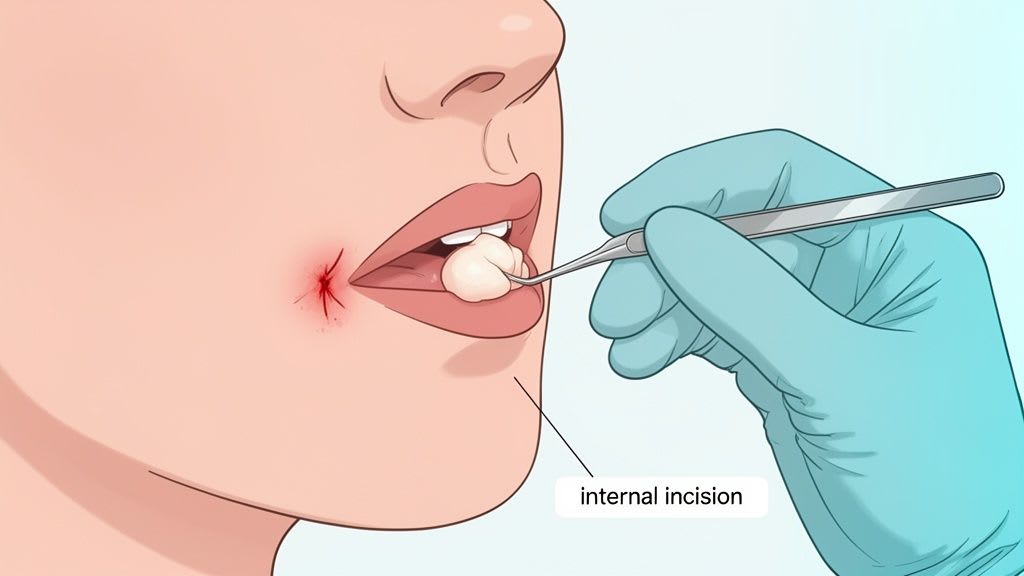 Illustration montrant une main gantée utilisant des pincettes pour retirer un tampon graisseux buccal de l'intérieur de la bouche d'une personne via une incision interne.