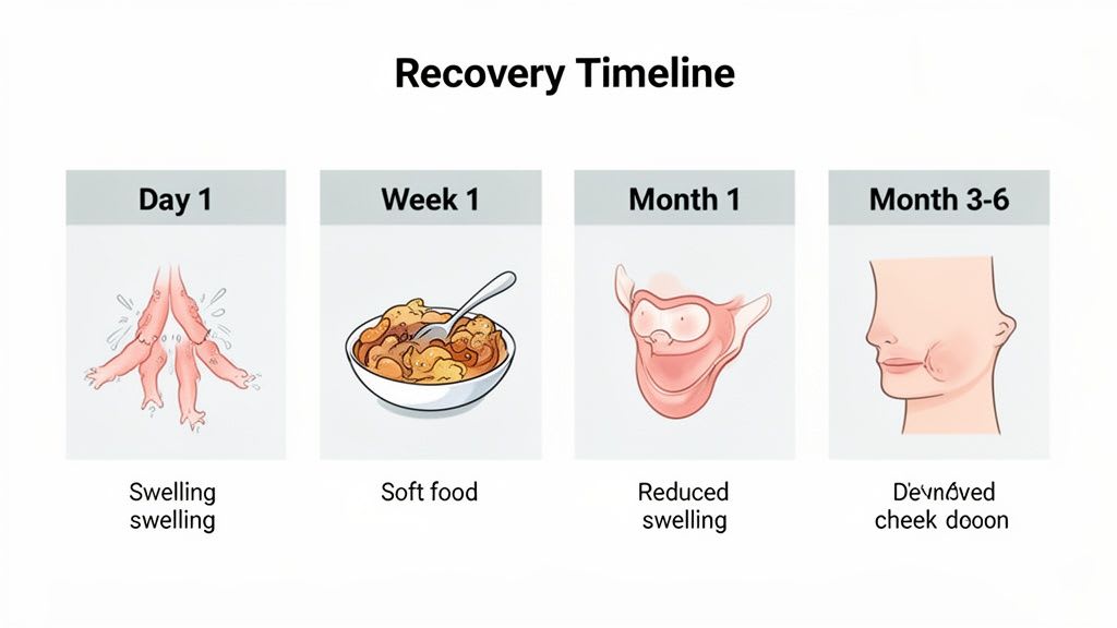 Une chronologie de récupération montrant les étapes de l'enflure initiale à l'alimentation molle, la réduction du gonflement et les contours des joues définis.