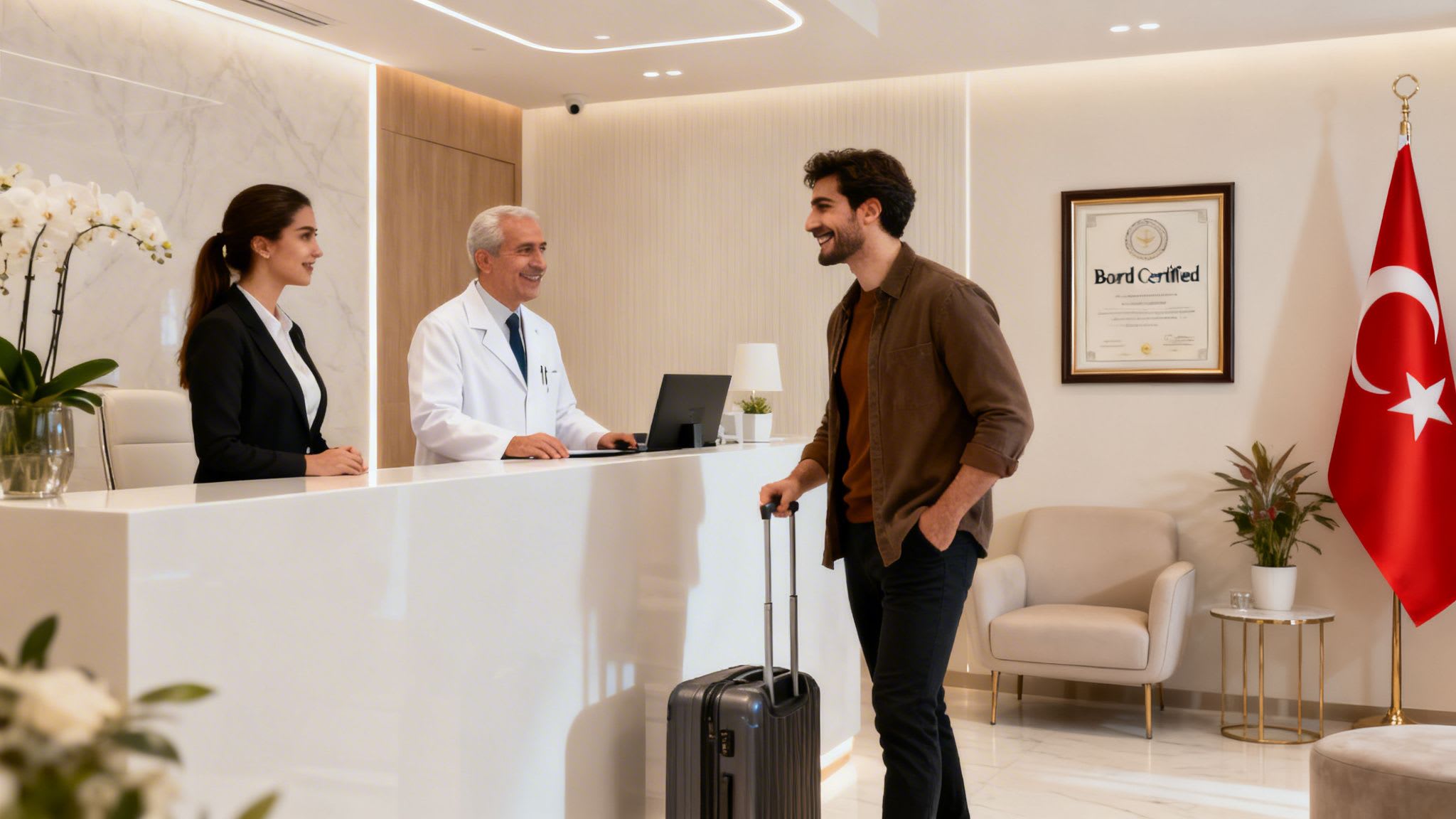 Smiling patient with luggage checking in at a modern health clinic reception in Turkey.